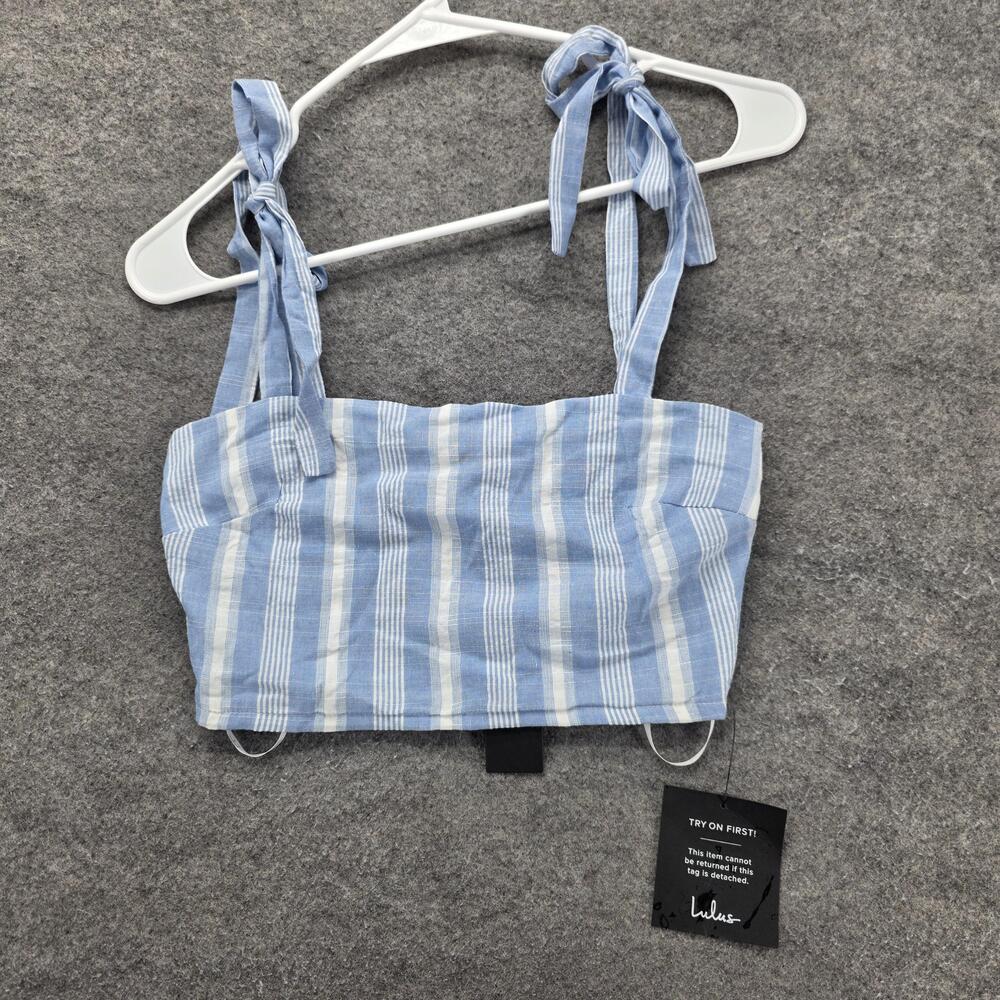 Lulus Tank Top Womens XS Blue White Striped Tie Shoulder Cropped Square Neck